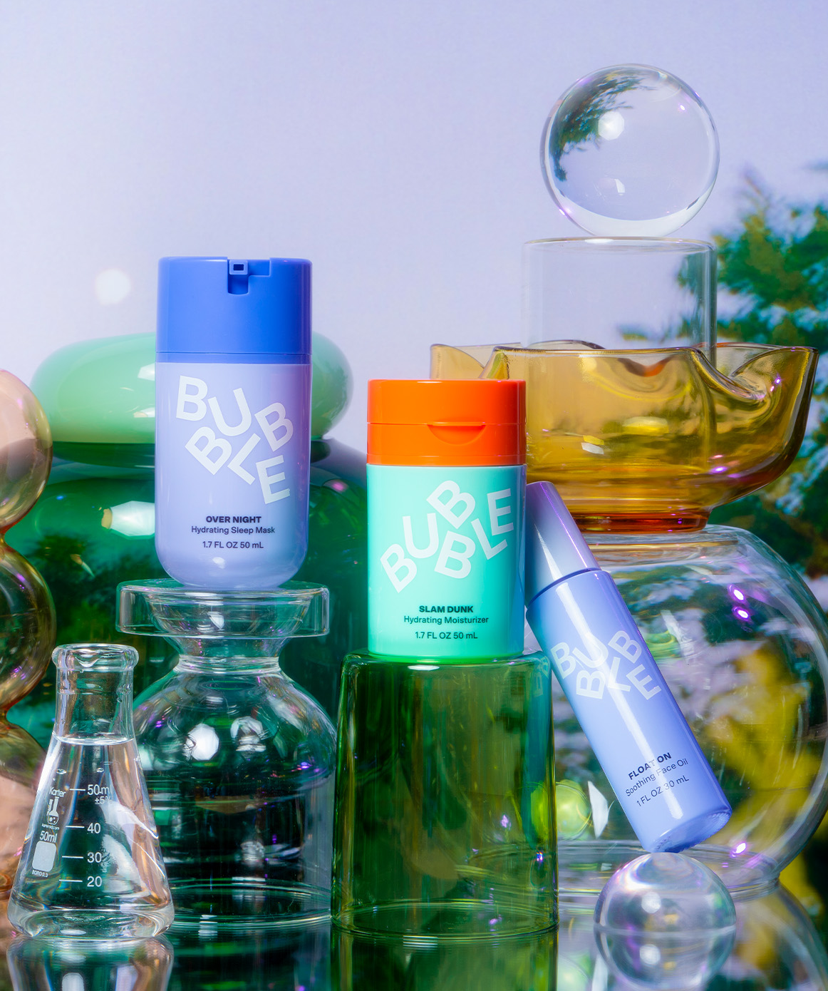 Bundle of skincare products. One soothing face oil, one hydrating moisturizer and one hydrating overnight sleep mask.